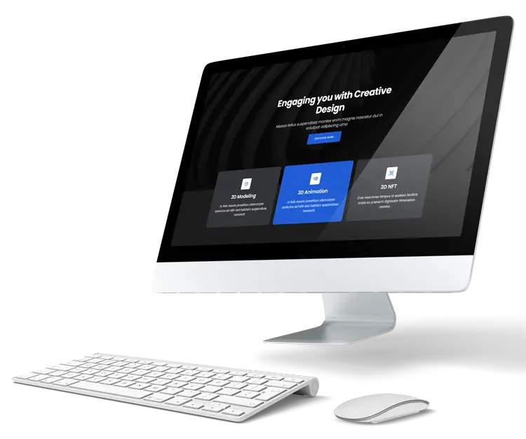 Desktop computer displaying a creative design website with sections for 3D modeling, 3D animation, and 3D NFT, emphasizing digital marketing and design services.