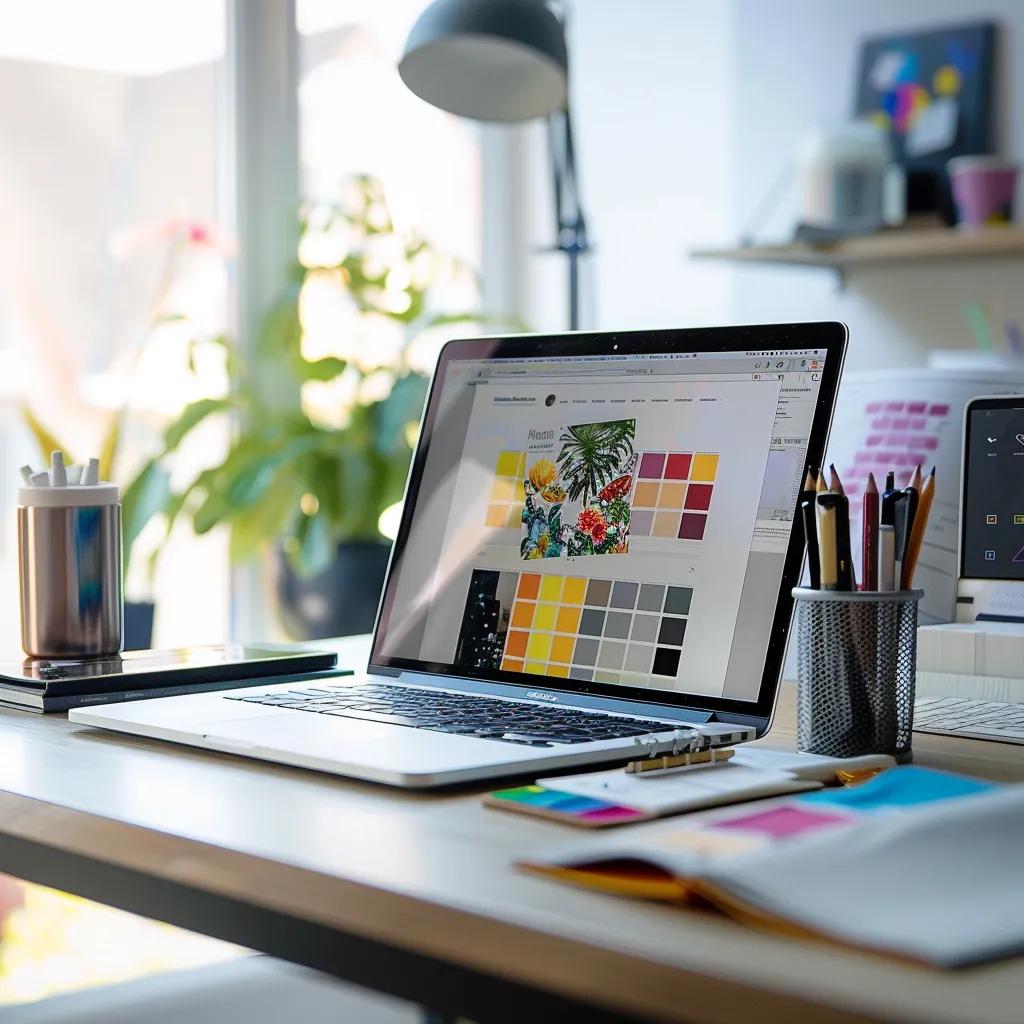 Laptop displaying vibrant color palettes for website design, surrounded by stationery and plants, illustrating a creative workspace for digital marketing and web design.