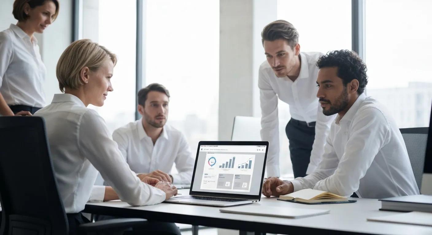 Team of professionals discussing website design strategies around a laptop displaying analytics and graphs, emphasizing digital marketing and investment insights.