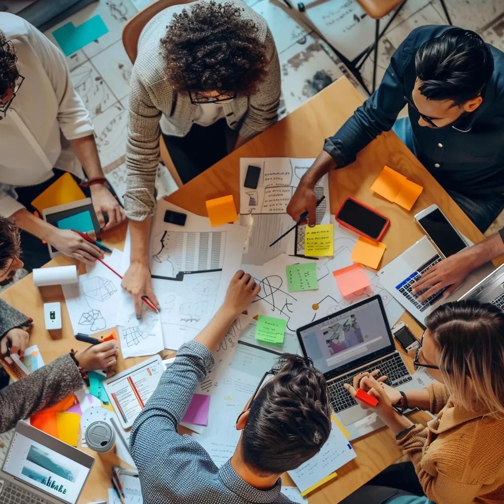 Group of diverse individuals collaborating on website design concepts, surrounded by sketches, digital devices, and colorful sticky notes, illustrating the creative process in e-commerce website development.