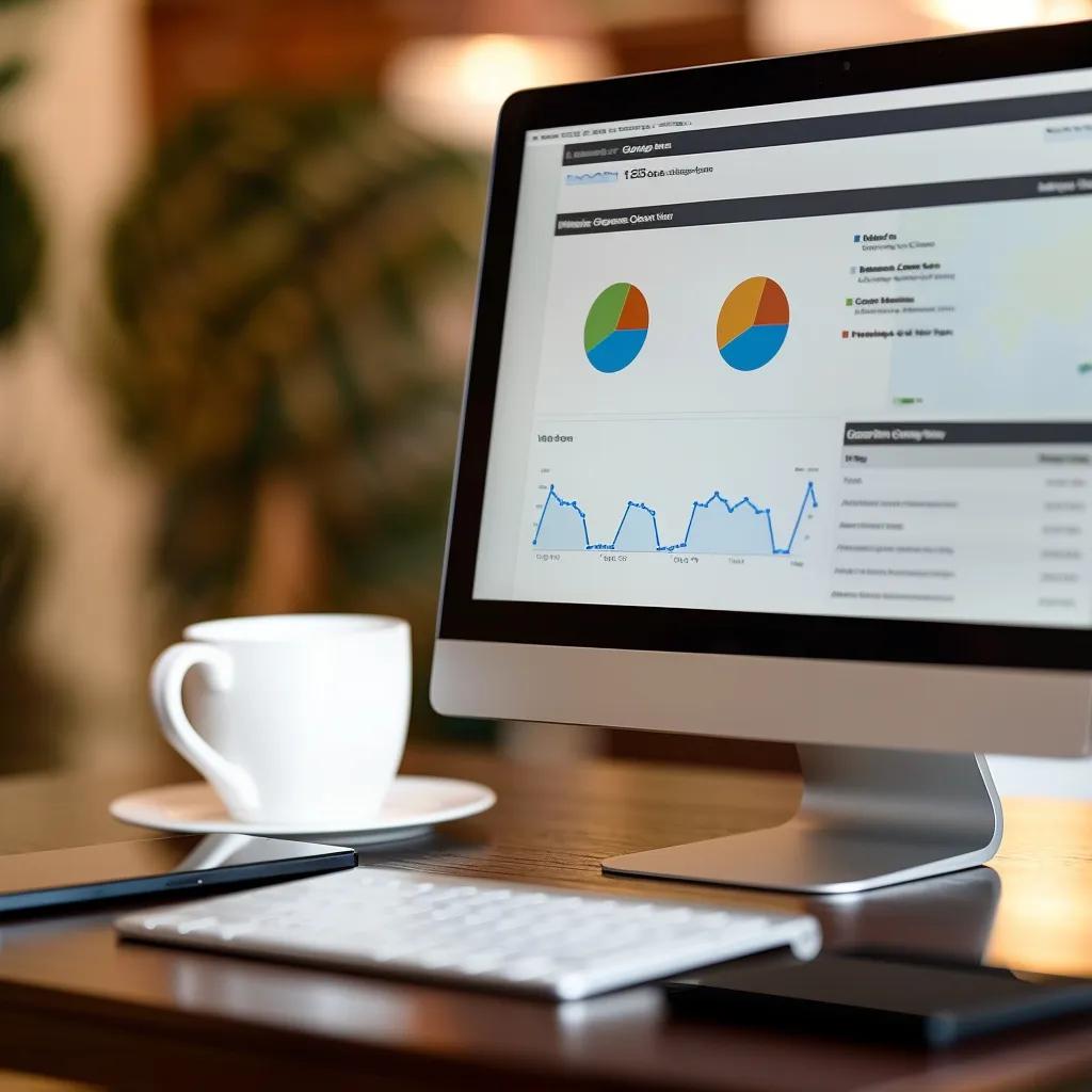 Computer monitor displaying website analytics with graphs and charts, coffee cup on wooden desk, highlighting digital marketing metrics and performance tracking.